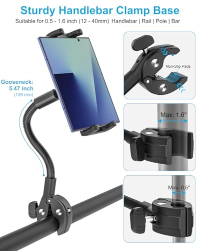 Dosvsi Exercise Bike Fold Phone Mount, Metal Gooseneck - Spin Bike Folding Phone Holder, Peloton/Treadmill Phone Tablet Clamp Holder for Galaxy Z Fold 7 6 5 4 3 2, Pixel Fold, 4-13\" iPad, Tab, iPhone