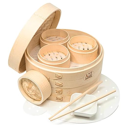 A2Z HOMEBRANDS 10" Bamboo Steamer Basket - Makes Tasty Bao Buns, Sashimi - Sturdy Dumpling Steamer Basket Includes 20 Liners - Multipurpose Bamboo Steamer 10 Inch + 4 Inch Set - Mini Dim Sum Steamer