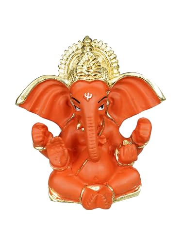 Image of eCraftIndia Golden and Orange Polyresin Lord Ganesha Idol for Home, Temple, Office, Car Dashboard - Divine Home Decor for Ganesha Devotees - Gift for Family, Friends - Suitable for Ganesh Chaturthi