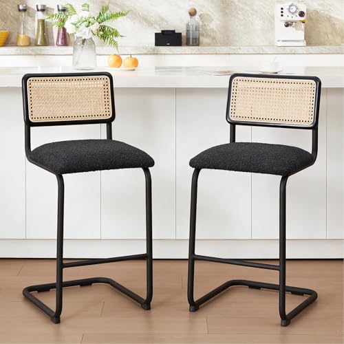 Image of Zesthouse Natural Rattan Counter Stools Set of 2, 26'' Mid Century Modern Counter Height Barstools with Solid Wood Back & Cane Mesh, Upholstered Black Boucle Bar Stools for Kitchen Island, Chrome Base