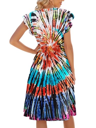 Image of Womens Summer Dress Ruffle Sleeve V Neck Midi Dresses Casual Fit Flowy Tiered Boho Beach Vacation Sundress