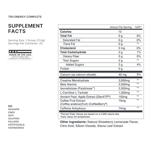 Image of TRU Supplements Energy, Pre Workout Training Formula, Vegan Friendly, No Jitters, Improve Workout Performance, Naturally Extracted Flavors, 20 Servings (Strawberry Lemonade)
