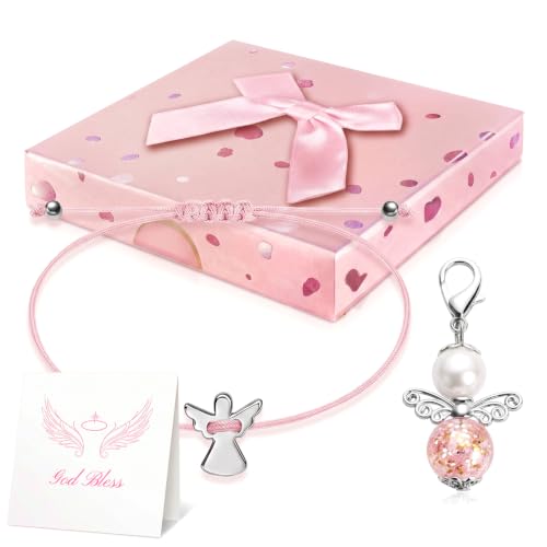 Image of Orsefeliy Guardian Angel Gifts Set, Adjustable Angel Bracelet, Rose Quartz Keyring with Greeting Card & Gift Box, Minimalist Girls Bracelet, Confirmation Gifts for Girls and Women