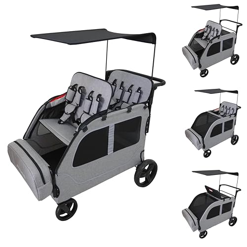 Car-Shaped 4 Seater Stroller Wagon for 2 3 Kids Foldable All-Terrain Quad Wagon with Removable Canopy, 5-Point Harness Elevated Seats, XL Storage Bag Shopping Outdoor (Light Grey)