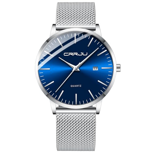 CRRJU Reloj de pulsera para hombre, ultrafino, resistente al agua, con correa de acero inoxidable, correa de acero inoxidable, analógico, cuarzo, relojes de negocios, Plateado, azul, Minimali