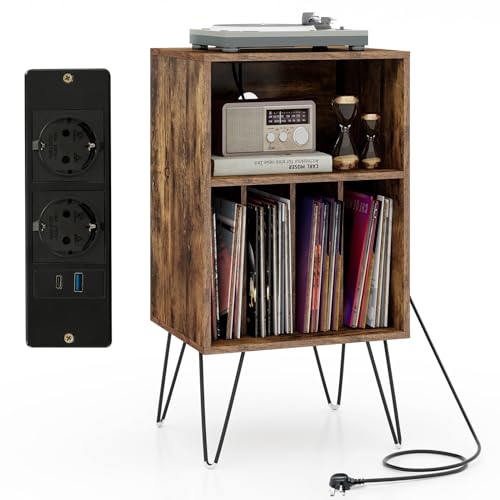 KOMFOTTEU Meuble Platine Vinyle avec 2 Prises Standard européenne, 1 USB,1 Type-C, Meuble Tourne-Disque, 5 Casiers, Table d’Appoint Multifonction, Pieds...