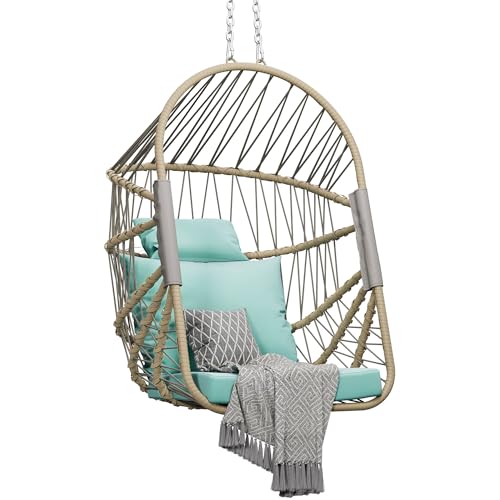DWVO Foldable Hanging Egg Chair with Cushion, Rattan Wicker Swing Chair Without Stand, 350lbs Capacity, Indoor Outdoor Basket Seat for Balcony, Bedroom, Porch, Garden (Sky Blue)