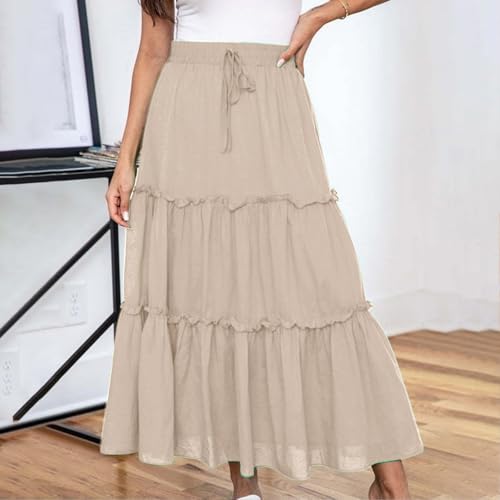 Midi Skirts for Women UK Elasticated Waist - Midi Skirts for Women UK A Line - Knee Length Skirt Tiered Maxi Skirt Cotton Ladies SummerSkirts Long Summer Solid Colorskirt Vacation Outfits Khaki - Image 3
