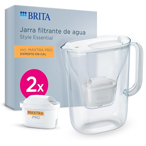 BRITA Jarra filtro de agua MAXTRA Style Essential, 2x filtro Experto en Cal | Blanca (2.4L) jarra apta para puerta de frigo con LED Smart Light y tapa abatible para filtración extra de cal y mucho más