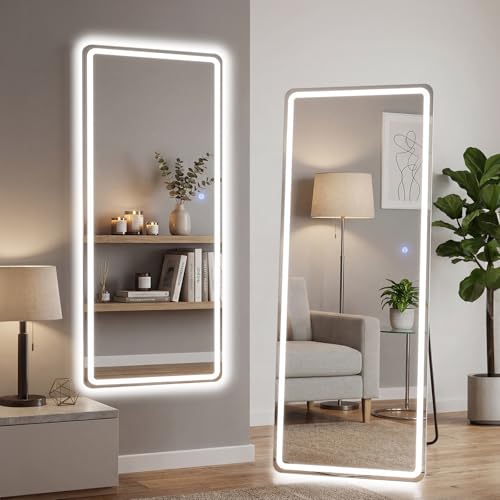 Aidoly Espejo LED de longitud completa de 21 x 64 pulgadas con soporte, espejo de pared de cuerpo completo con luces LED, iluminación de 3 colores, colgante o inclinado, de pie, decoración moderna y