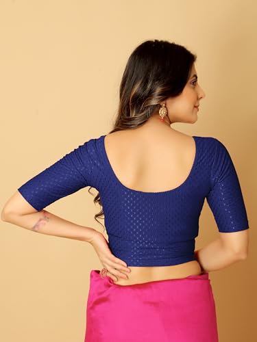 Image of Amazon Brand - Anarva Round Neck Dobby Cotton Lycra Stretchable Elbow Half Sleeve Readymade Saree Blouse for Women Stylish