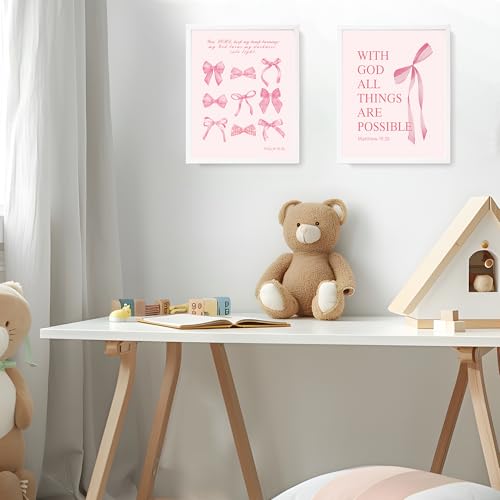 Image of LARTSFRO Coquette Pink Bow Wall Art Decor Posters, Pink Bow Christian Room Bedroom Bathroom Dorm Wall Art Decor for College Teen Girls Kids Gifts, Inspirational Bible Verses Bow Wall Decor, 10x8 Inch Set of 4 Pcs Bow Pictures (UNFRAMED)