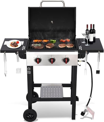 GRILL DEPOTS Propane Gas Grill, 3 Burner BBQ Grill with Folding Side Tables, 30,000 BTU Outdoor Grill with Wheels, 252 sq.in Cooking Area, Cast Iron Grates + Stainless Steel Griddle