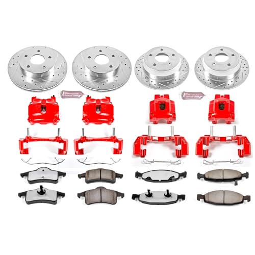 Image of PowerStop Front and Rear Brake & Caliper Kit for Jeep Grand Cherokee 1999-02 - Drilled & Slotted Disc Rotors + Z36 Brake Pads + Red-Powder Coated Calipers, KC2148-36