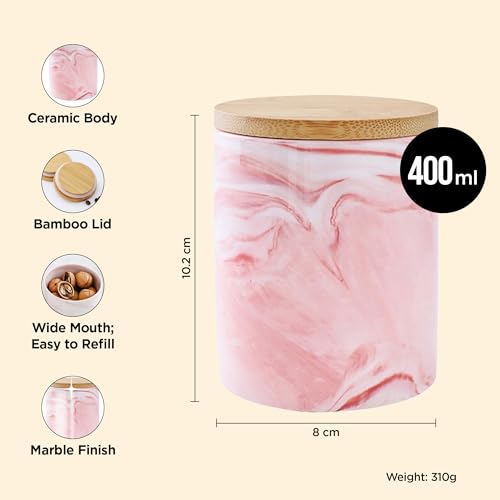 Image of UMAI Ceramic Jar with Bamboo Lid - 400ml| Air-tight Containers for Kitchen Storage | Multipurpose kitchen storage container for Snacks, Tea, Sugar | Pink
