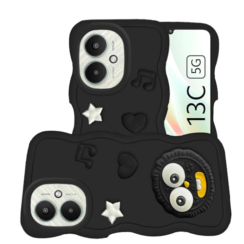 Image of AESTMO Back Case Cover for Redmi 13C 5G / Poco M6 5G | 3D Cute Fun Cartoon Characters | Anti Slip Grip Cute Wave Curly Frame Shape | Back Cover for Redmi 13C 5G / Poco M6 5G | (Black)