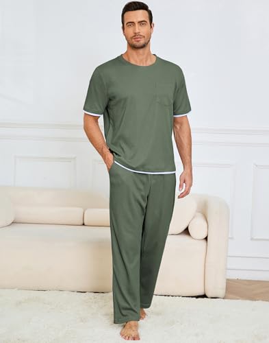 Andeip Mens Pajamas Set Waffle Crew Neck Loungewear Cozy Sleepwear Short Sleeve Top and Long Pants Pj Set with Pockets4