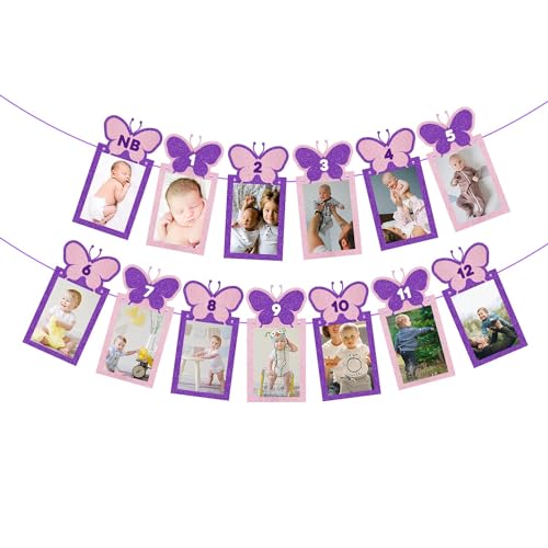 Image of Party Propz 12 Months Photo Banner for Birthday - Butterfly Theme Photo Banner(Cardstock) for First Birthday | 1-12 Month Photo Frame Banner | New Born 0 to 12 Month Photo Banner Frames 12 months