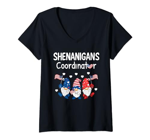 Donna Coordinatore Shenanigans Felice 4 luglio gnomi patriottici Maglietta con Collo a V