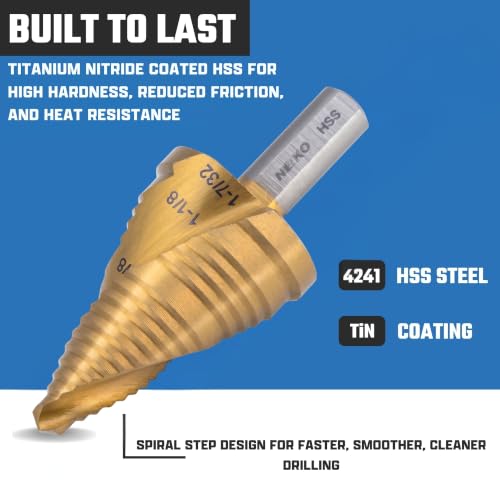 Image of NEIKO 10635A Step Drill Bit, 3 Steps 7 /8 inch to 1-7 /32 inch Spiral High Speed Steel, Titanium Nitride Coated, 3 /8 inch Tri Flat Step Bits for Steel, Metal, Wood, Plastic, Unibit Cone Drill Bits, Two Flute