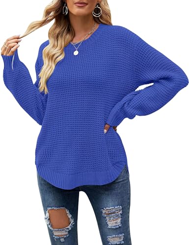 Image of MEROKEETY Women's Fall Long Sleeve Waffle Knit Oversized Sweater | Fall Fashion, Crew Neck, Tunic, Dressy Casual, Trendy, Cute, Pullover Tops, Long Lantern Sleeves, Loose Fit, Drop Shoulder