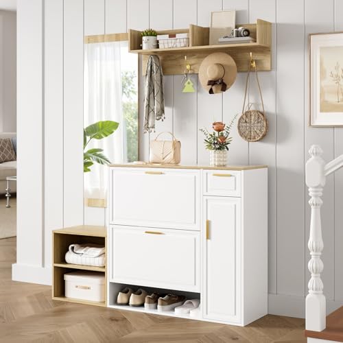 Sweiko Ensemble entrée 4 pièces avec Rangement Chaussures et 1 tiroir, Meuble d'Entrée avec Miroir et patère Murale, Armoire compacte avec Étagères...