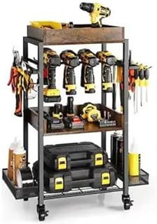 Power Tool Organizer Cart with Charging Station, Movable Garage Tools Storage, Shelving Tool Holder Drill Rack Shelf Rolling Cart with Wheels, Heavy Duty Metal Rolling Tool Rack for Workshop Garage