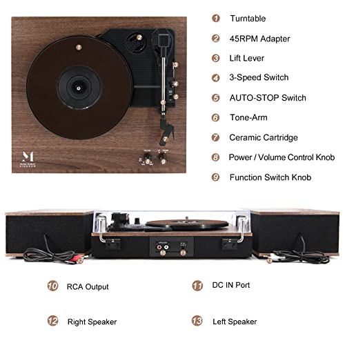 Mpk Bluetooth Record Player,Turntable Hifi System With Bookshelf Speakers, 3-Speed Belt-Drive Vinyl Turntable For Vinyl Records With Wireless Playback And Auto-Stop,Walnut Wood #TOP1