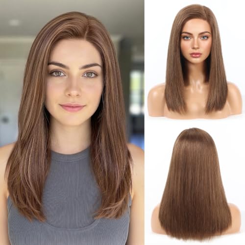 Image of 5x5 Lace Front Wigs for women,Human Hair Blonde Straight Glueless with Free Part & Pre Plucked Natural Hairline 16 Inch(Brown)