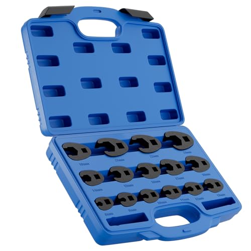 HTOMT Crowfoot Wrench Set,15 Piece Sizes 8mm-24mm Metric Crows Foot Wrench Set Chrome-Moly Flare Nut Wrench Set for 1/2' and 3/8” Drive (Blue)