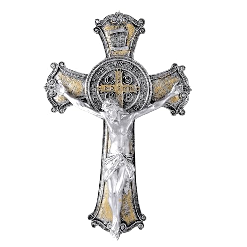 Taprion Cruz de parede crucifixo - arte de parede de resina de São Bento - Cruz dourada de 25 cm dá