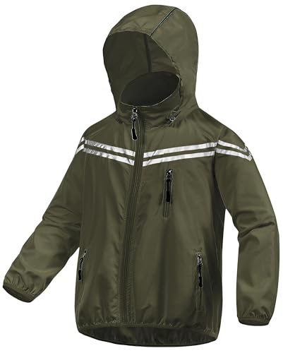 Image of CREATMO US Boys Girls Rain Coat Kids Reflective Cycling Jacket Waterproof Packable Children Windbreaker With Removable Hood