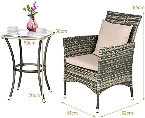 COSTWAY 3 PCS Rattan Furniture Set, Sectional Patio Bistro Set with 2 Chairs and Glass Table, Outdoor Wicker Weave Companion Sofa Set for Garden Balcony Poolside