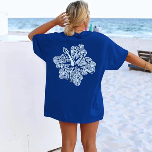 Image of Hawaiian T Shirts for Women Oversized Aesthetic Hibiscus Flower Beach Shirt Teens Preppy Tropical Graphic Tee Tops