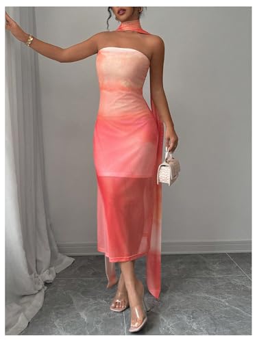 SweatyRocks Women's Ombre Sheer Mesh Tube Dress Strapless Sleeveless Midi Dresses with Neck Scarf4