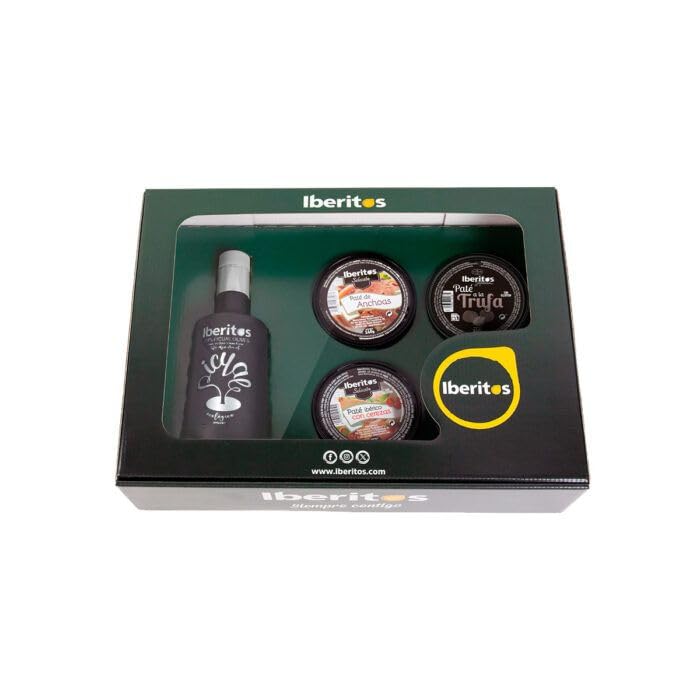 Iberitos - Caja Picual con Aceite y Delicatessen Ibéricas - Untables para Tostas y Platos - Paté de Anchoa, Cereza y Jamón Ibérico - Contiene 1,249 kg