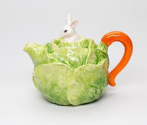 Fine Ceramic Spring Easter Bunny Rabbit on Lettuce Carrot Teapot, 7-1/8" L