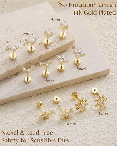 TOBENY Hypoallergenic Flat Back Earrings Set for Women - 14K Gold Plated Surgical Steel Studs for Sensitive Ears - 6 Pairs of Dainty Jewelry for Tragus, Helix, and Cartilage Piercings - Image 4