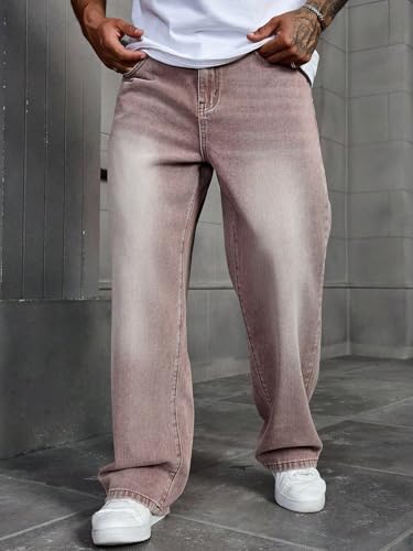 Image of AVANOVA Men's Baggy Fit Jeans- Solid Washed Denim Straight Wide-Leg | Streetwear Casual Dailywear Pants for Men | Trendy Loose-Fit Mid-Waist Denim Trousers (Jeans 247)
