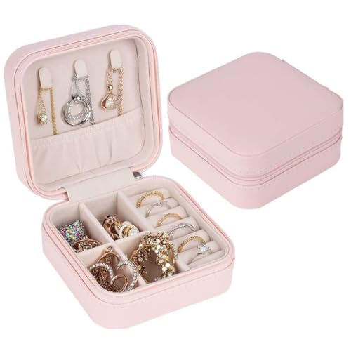 Porta Joias Compacto Portátil com Zíper Estojo Organizador de Joias para Viagem Anéis Colares e Brincos (Rosa)