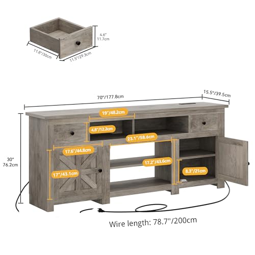 DWVO Farmhouse TV Stand for 75/80 Inches TVs, Entertainment Centers Furniture 30" Tall, TV Consoles with Storage Drawers & Power Outlet, Rustic TV Stands for Living Room, Washed Grey