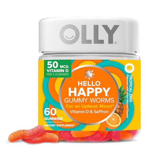 OLLY Hello Happy Gummy Worms Mood Support Gummies For Adults * Saffron Extract Vitamin D Tropical Zing Flavored 30 Day Supply - 60 Count