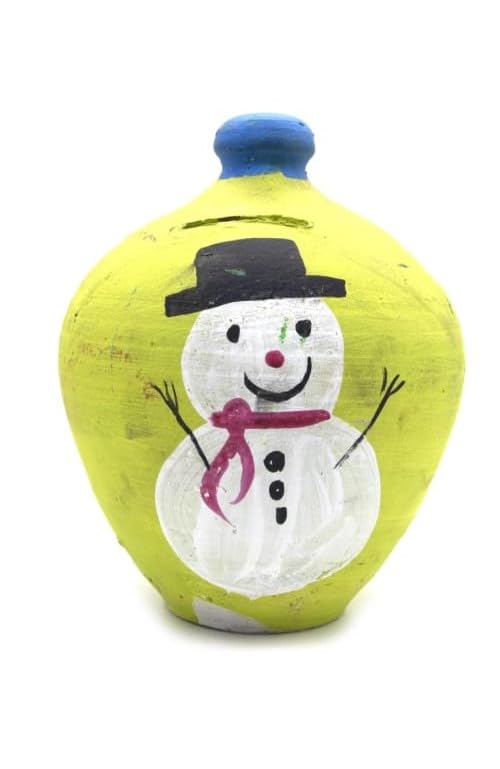 Keshika Clay Made Round Shape Piggy Money Bank Terracotta Clay Coin Bank/Undiyal/mitti gullak/Coin Box Gift for Kids Multi-Coloured (Green Snowmen, 1)