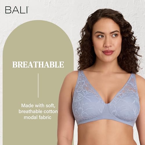 Image of Bali Women's Wireless Bras for Women - Breathe Lace Cotton Modal No Underwire Bra, Adjustable T-Shirt, Plus Size