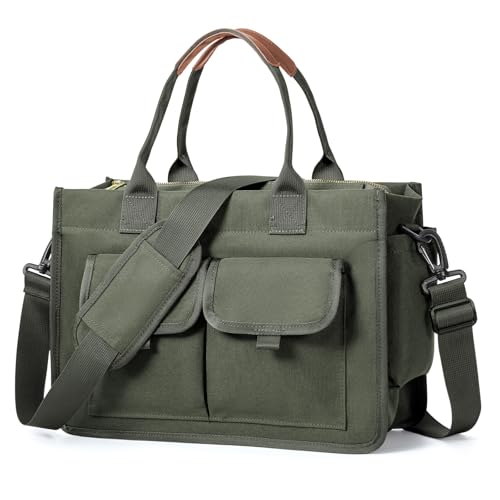 coowoz Canvas Tote Bag for Women Work Tote Bags with Zipper Nurse Crossbody Bags Handbags Shoulder College Teacher Laptop Messenger Bag Men with Compartments Olive Green