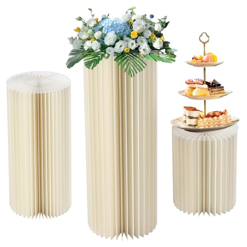 3 Pcs Cylinder Pedestal Stand Elegant White Cardboard Cylinder Stands Foldable Reusable Wedding Dessert Cake Stand with Acrylic Lid ideal for Home Anniversary Christmas Displays 11/15/19 In Dia.