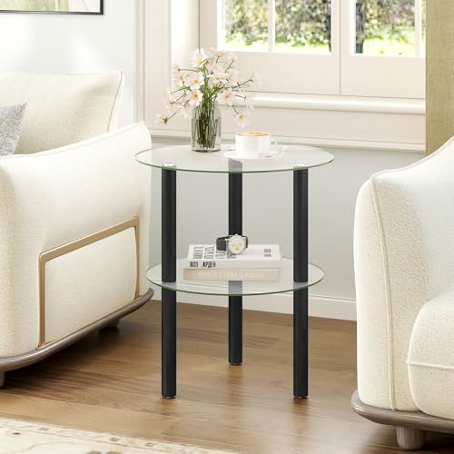 Image of GIANTEX Round End Table, 2-Tier Sofa Side Table with Clear Tempered Glass Top & Shelf, Small Accent Table with Solid Rubber Wood Legs for Living Room Bedroom Home Office (Black & Clear)