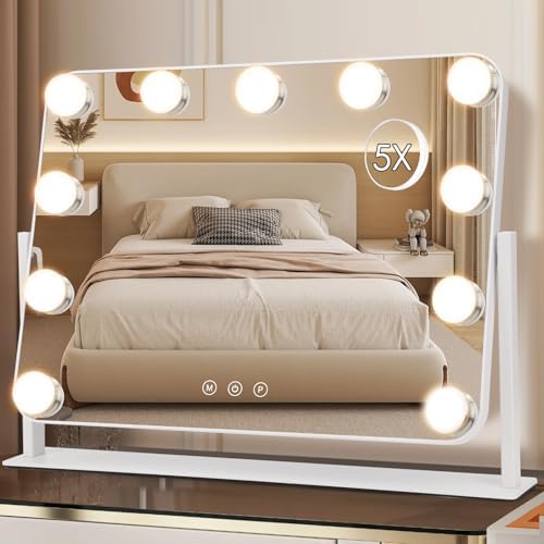 360° Vanity Mirror with Lights 11 Led Bulbs Hollywood Lighted Makeup Mirror with 5X Magnification Mirror Hollywood Cosmetic Mirror Tabletop Makeup Mirror with 3 Lighting Modes 16x13 Inch