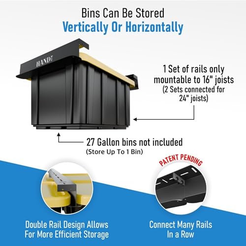 Image of USA Based Overhead Garage Storage Rack, Connectable Heavy Duty Metal Ceiling Rails Garage Storage Organization Shelving System, Hanging Racks Tote Containers, Supports Up To 1 Bin, 1 Set Black