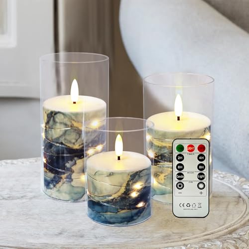 Image of Flickering Flameless Candles Dark Blue Marble Embedded Star String Lights, Battery Operated Acrylic LED Pillar Candles with 11-Key Remote and Timer for Home Decoration, 3 Pack